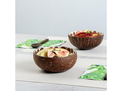 Bol à Salade Açaï Ensemble Artisanat Fait à la Main Noix de Coco Singe Mosaïque Demi-Coques