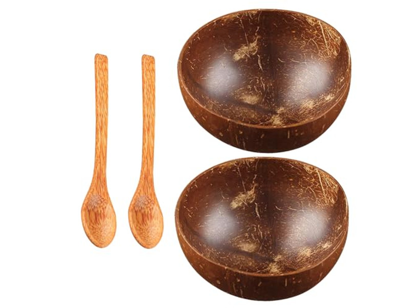 Bol en Noix de Coco avec Design de Palmier Avec Coquilles Ensemble de Bols en Bois Tressé Salade Sculpté à la Main