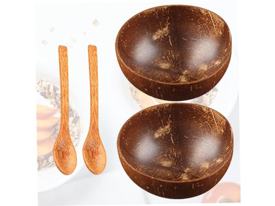 Bol en Noix de Coco avec Design de Palmier Avec Coquilles Ensemble de Bols en Bois Tressé Salade Sculpté à la Main