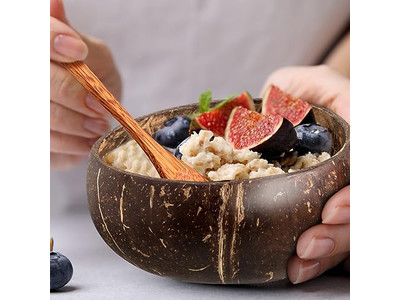 Bol à Salade de Fruits Gâteau Poudre Roche Ensemble de Cuisine en Bois Bambou Masque Écorce de Noix de Coco